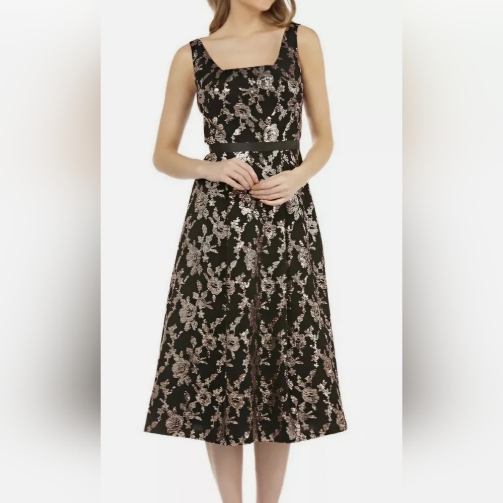 Kay Unger NWT Size 10 Black Bronze Sequin Floral Midi Wedding Guest Dress